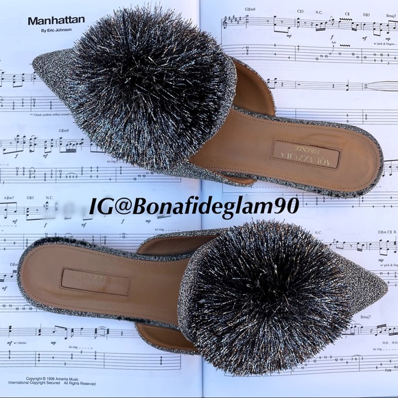 Aquazzura Powder Puff Pompom metallic silver lurex flat mules slippers size 36 - Picture 14 of 16